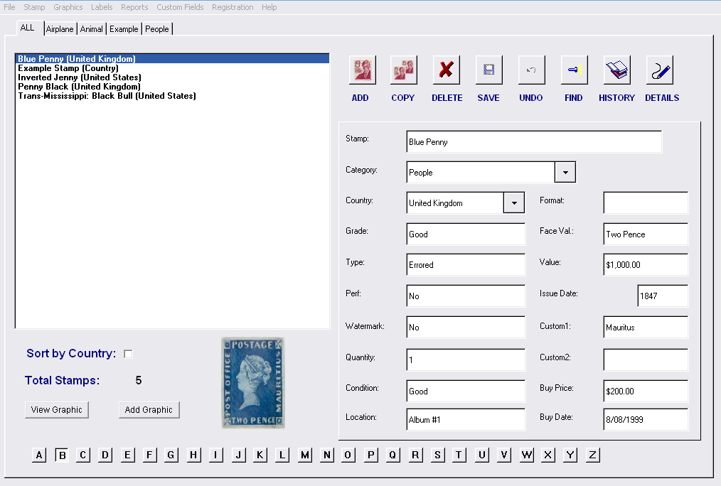 Track and organize a stamp collection quickly and easily.