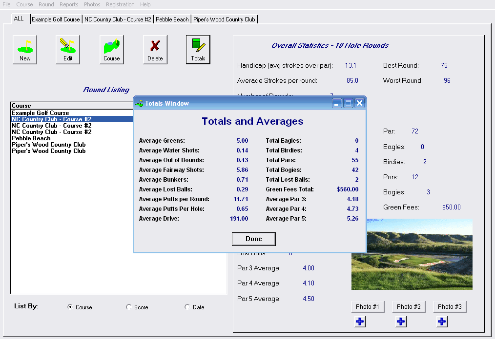 Golf Averages and Totals